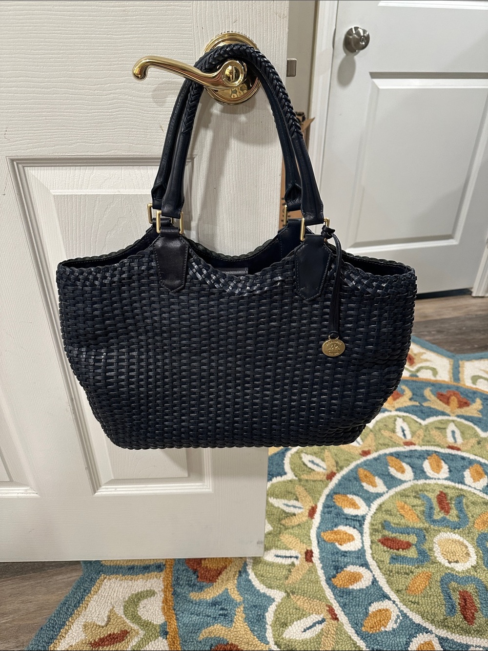 Brahmin Navy Blue Woven Tote with Gold Medallion